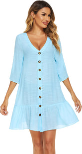 Avidlove Lässiger Badeüberzug mit V-Ausschnitt, Sommer-Strandmode, fließendes kurzärmliges Mini-Strandkleid